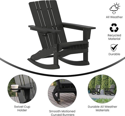 Flash Furniture Halifax Adirondack Rocking Chair with Cup Holder, Weather Resistant Poly Resin Adirondack Rocking Chair, Black