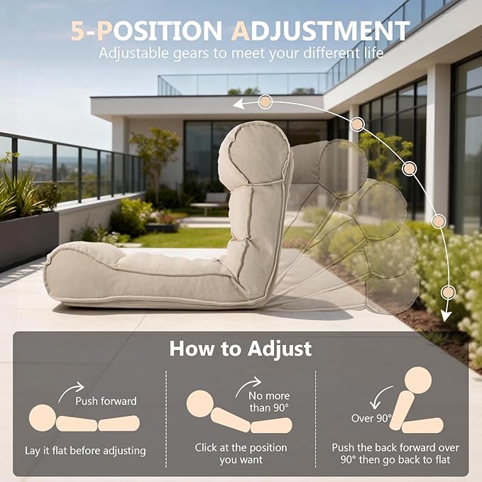 Dineli 83'' Outdoor Chaise Lounge Chair with 5 Positions Adjustable Backrest Patio Lounger Lounge Chairs for Outside, Pool Lounge Chairs Sunbed Lounge Waterproof Sun Loungers for Garden Beach, Beige