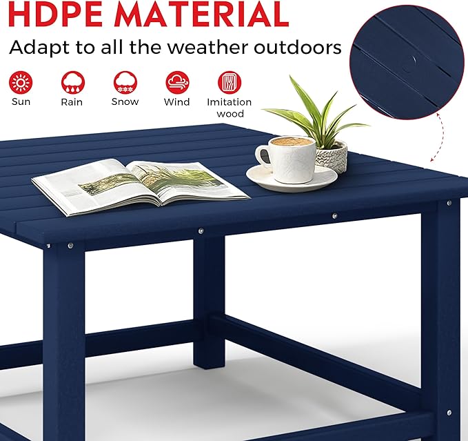 Costaelm Patio Conversation Table, Tatio Accent HDPE Outdoor Weather Resistant, Square Outdoor Porch Balcony Patio Drink Table for Outside, Pool, Backyard, Navy Blue