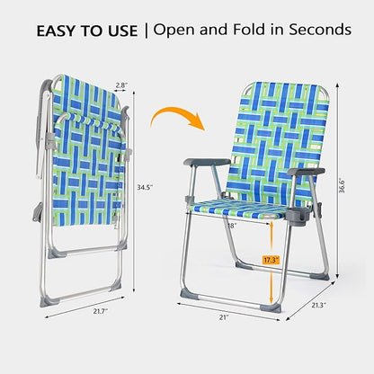 VINGLI Aluminum Patio Lawn Chairs Folding Set of 2 with Detachable Cup Holder, Webbed Beach Chair Folding Chair Outdoor Portable Camping Chair for Yard, Garden Blue alulawnchair