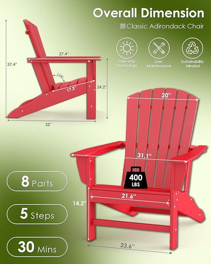 GREENVINES Adirondack Chairs Set of 4 | HDPE Plastic | Oversized Fire Pit Chair | All Weather | Red | Poly Lumber | for Outdoor Deck Backyard Patio Garden