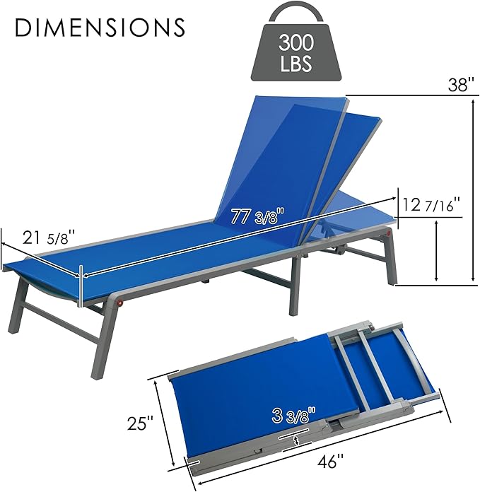 Kozyard Outdoor Foldable Lounge Chair, Aluminum Frame Patio Lounger with 5-Position Adjustable Backrest, Breathable Textilene Fabric, Assemble-Free, Reclining Full-Flat Poolside(Blue)