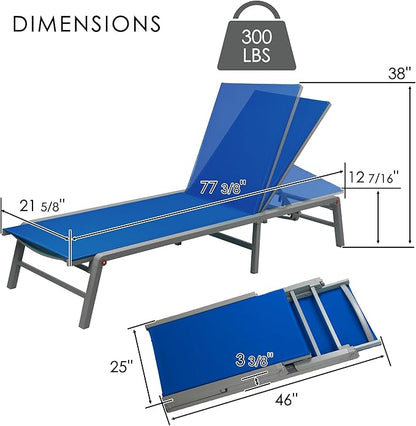 Kozyard Outdoor Foldable Lounge Chair, Aluminum Frame Patio Lounger with 5-Position Adjustable Backrest, Breathable Textilene Fabric, Assemble-Free, Reclining Full-Flat Poolside(Blue)