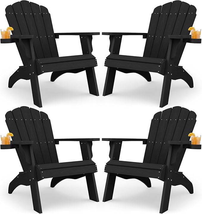 YEFU Oversized Plastic Adirondack Chair Set of 4 with Cup-Holder, Weather Resistant, Poly Lumber Outdoor Chairs Duty Rating Widely Used in Patio, Lawn, Outside, Deck, Garden Chair-Black