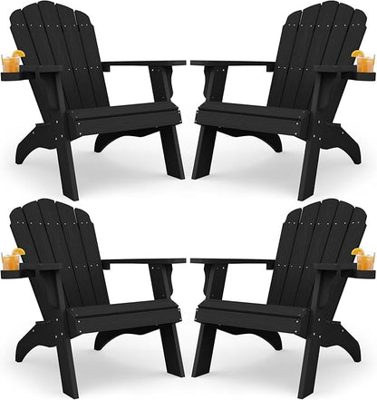 YEFU Oversized Plastic Adirondack Chair Set of 4 with Cup-Holder, Weather Resistant, Poly Lumber Outdoor Chairs Duty Rating Widely Used in Patio, Lawn, Outside, Deck, Garden Chair-Black