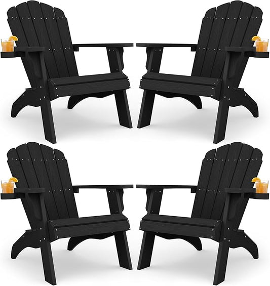 YEFU Oversized Plastic Adirondack Chair Set of 4 with Cup-Holder, Weather Resistant, Poly Lumber Outdoor Chairs Duty Rating Widely Used in Patio, Lawn, Outside, Deck, Garden Chair-Black