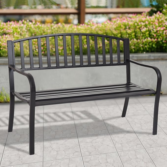 Giantex Outdoor Bench, 50” Patio Garden Bench with Steel Frame, Slat Design, 500 Lbs Weight Capacity - Photo 2