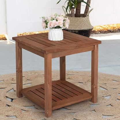 Outdoor Wooden Side Table with 2 Layer Storage, Patio Coffee End Tables, All Weather for Patio, Backyard, Pool, Indoor Use