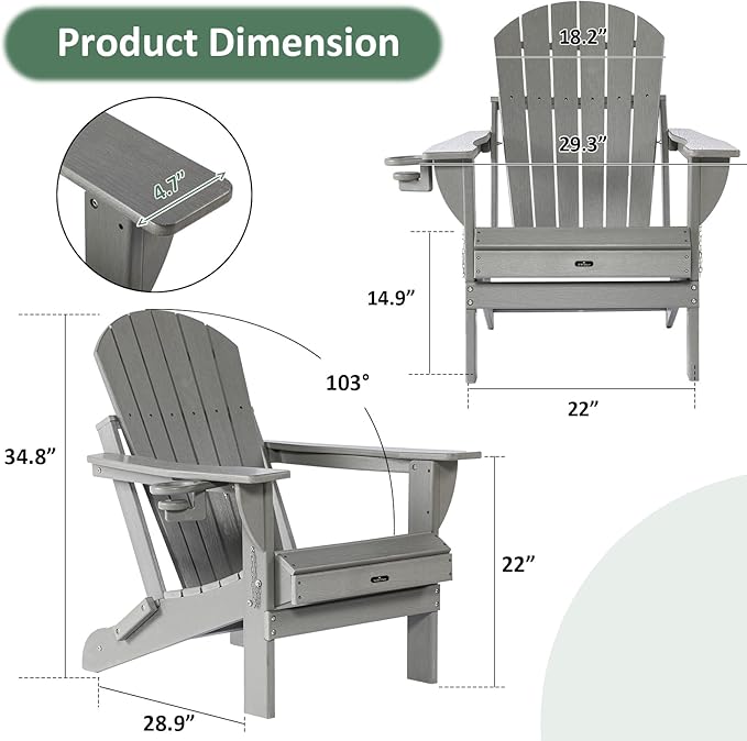 Folding Adirondack Chairs Set of 2, HDPE Wooden Textured Plastic Adirondack Chairs - Photo 3