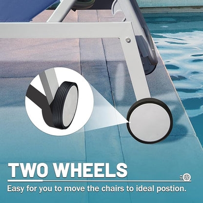 Domi Patio Chaise Lounge Set of 3, Outdoor Lounge Chair, Aluminum Textilene Padded 5 Position Pool Lounger, Stackable Lounge Chair w/Headrest, Wheels, Side Table, for Beach Backyard Lawn, Navy Blue