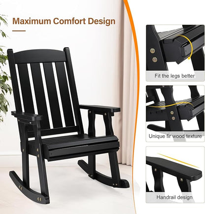 VINGLI Outdoor Rocking Chair, Heavy Duty 600 LBS Wooden Rocking Bench with Comfortable Backrest, Weatherproof Patio Rocker with Ergonomic Design, Wood Rocking Chair for Patio, Garden (Black, 1PC)