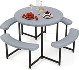 Giantex Picnic Table Bench Set for 4-8 Person, Round 37” Outdoor Dining Table w/Umbrella Hole, HDPE Tabletop - Photo 1