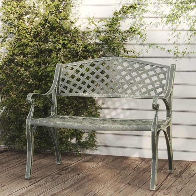 Green Cast Aluminum Garden Bench 40.2x40.2x32.7 in Antique Floral Outdoor Seating for Patio, Balcony, Front Porch, Seats Two, Weather-Resistant Metal Furniture
