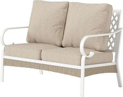 Metal Patio Furniture Loveseat Sofa with 5.75" Extra Thick Waterproof Cushion, 2-Seater Deep Seating & High-Back White Outdoor Couch All Weather Outdoor Seating for Gazebo Porch, Beige