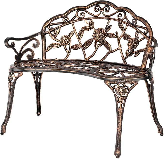 38.5" Patio Park Garden Outdoor Metal Rose Bench,Cast Iron Cast Aluminium Frame Antique Finish Chair,Accented Lawn Front Porch Path Yard Decor Deck Furniture for 2 Person Seat（Bronze