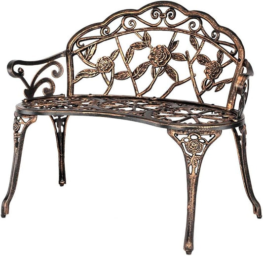 38.5" Patio Park Garden Outdoor Metal Rose Bench,Cast Iron Cast Aluminium Frame Antique Finish Chair,Accented Lawn Front Porch Path Yard Decor Deck Furniture for 2 Person Seat（Bronze