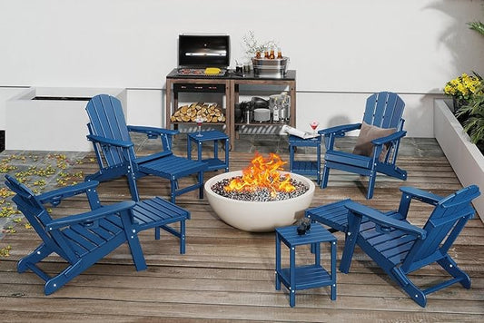 GREENVINES Adjustable Adirondack Chair with Retractable Ottoman Set of 2 | Folding | HDPE Plastic | Fire Pit Chairs w/Foot Rest | 2 Cup Holders | Blue | for Outdoor Patio Poolside Deck