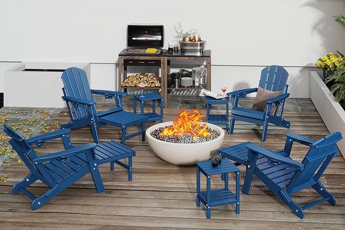 GREENVINES Adjustable Adirondack Chair with Retractable Ottoman Set of 4 | Folding | HDPE Plastic | Fire Pit Chairs w/Foot Rest | 2 Cup Holders | Blue | for Outdoor Patio Poolside Deck