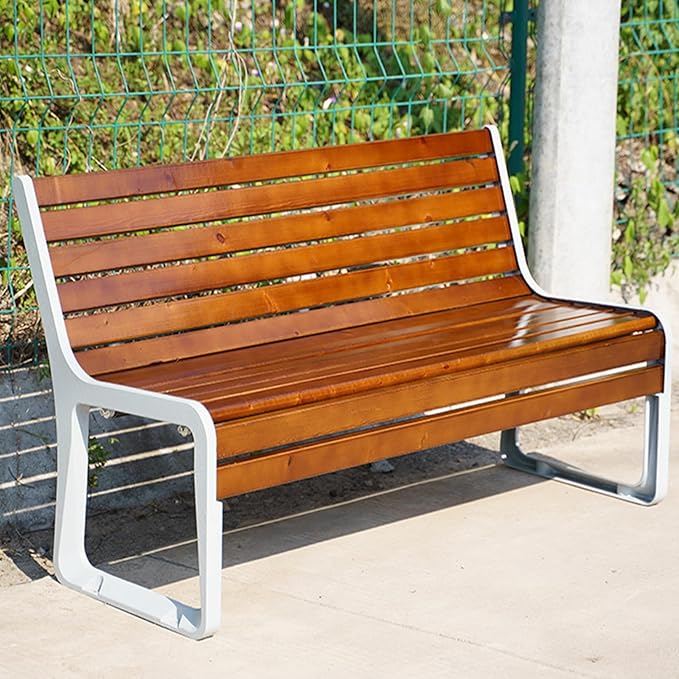 Outdoor Garden Bench, Metal Benches with Back, Loveseat Chair, Traditional Wooden Patio Bench Seat for Outside, Lawn Bench Park(White+Brown,120cm)