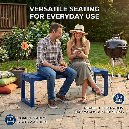 Backless Patio Bench Outdoor Metal Bench, 3.3ft 3.9ft 4.9ft 5.9ft Weatherproof Garden Benches 2-Person Outside Chair for Yard Porch Entryway Sturdy Steel Frame Furniture(Blue,5.9ft)