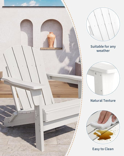 GarveeLife Folding Adirondack Chairs, HDPE Outdoor Patio Chairs All Weather Resistant with Wood Texture for Fire Pit, Deck, Patio, Pool, Backyard - White