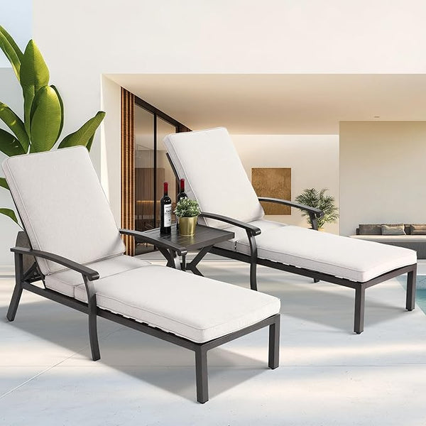 2 Chaise Lounge Chairs with 1 Side Table, Cast Aluminum Tanning Chair with Adjustable 5 Position Recliner - Photo 1