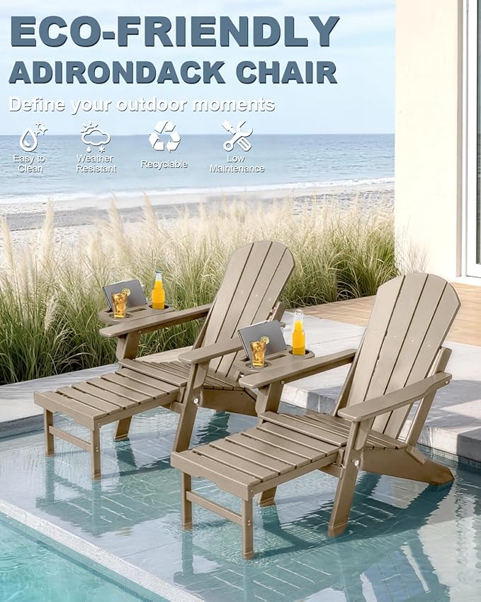 Adjustable Adirondack Chair with Retractable Ottoman Set of 4, HDPE Folding Adirondack Chair with Cup Holder, All Weather Fire Pit Chair for Outdoor.
