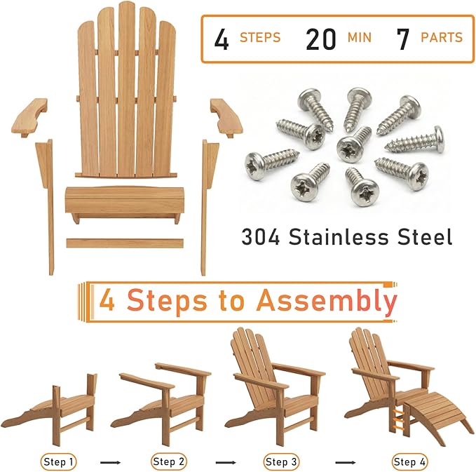 Outdoor Wooden Adirondack Chair with Footrest, All-Weather Teak Leisure Line Modern Adirondack Chair Suitable for Patio Lawn Garden Terrace Poolside Firepit Deck