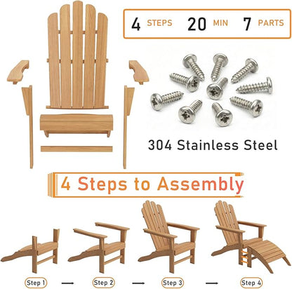 Outdoor Wooden Adirondack Chair with Footrest, All-Weather Teak Leisure Line Modern Adirondack Chair Suitable for Patio Lawn Garden Terrace Poolside Firepit Deck
