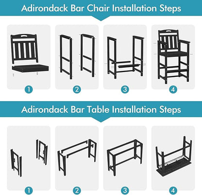 Ciokea 3 Pcs Outdoor Bar Height Table Set, 60" Extra Long Rectangle High Top Table and 2 Oversized Adirondack Chairs Set, Heavy-Duty All-Weather HDPE Patio Bar Set for Backyard Balcony Deck, Black