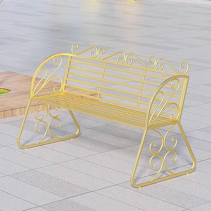 2-Seat Patio Porch Bench 45"，Outdoor Metal Garden Bench，Weather Proof Porch Path Chair，Patio Bench with Backrest and Armrests，Patio Bench for Lawn Path Yard Decor Deck Furniture(Gold)