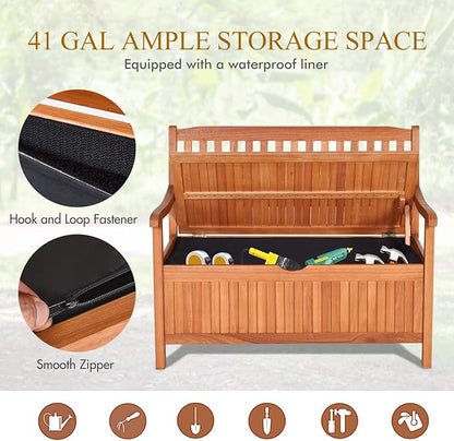 Giantex Wooden Outdoor Bench, Outside Deck Box with Seating, 800 lbs Capacity, Dustproof Liner, Wood Storage Loveseat for Pool Front Porch Garden Lawn Decor, Eucalyptus Patio Bench