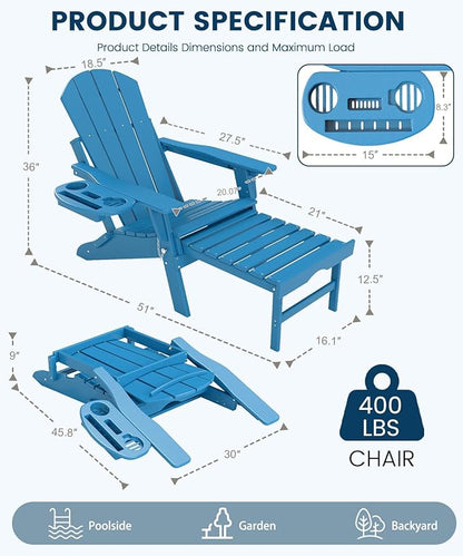 FOOWIN Folding Adjustable Adirondack Chair with Retractable Ottoman Set of 4, HDPE Adirondack Chair w/4 in 1 Cup Holder Trays,All-Weather Resistant Fire Pit Chair for Outdoor Patio Lawn, Pacific Blue