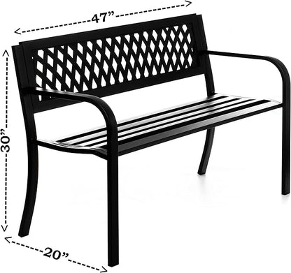 Gardenised Outdoor Steel 47" Park Bench for Yard, Patio, Garden and Deck, Black Weather Resistant Porch Bench, Park Seating
