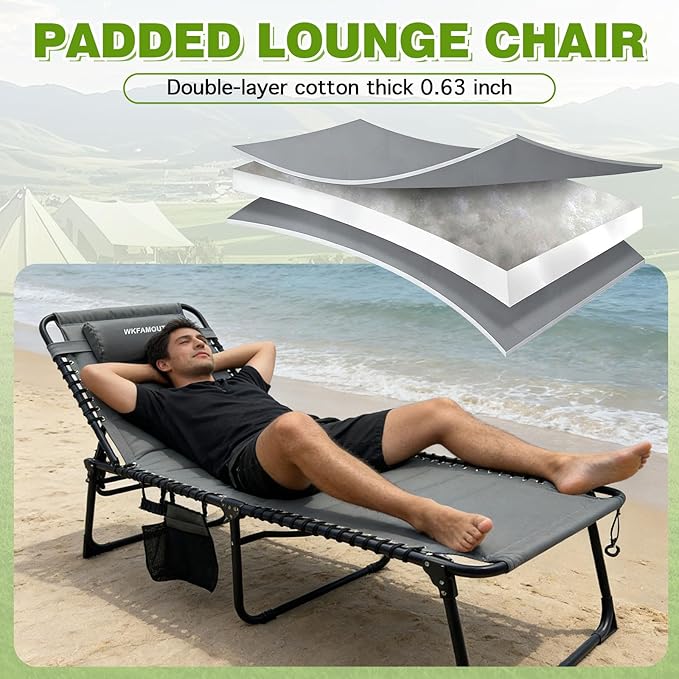 Outdoor Folding Lounge Chair with Removable Canopy & Pillow, Padded Reclining Chaise Lounge Chair 5-Position Heavy Duty Beach Chair for Patio, Beach, Pool, Camping