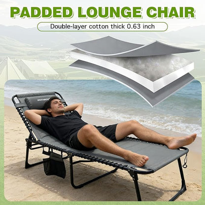 Outdoor Folding Lounge Chair with Removable Canopy & Pillow, Padded Reclining Chaise Lounge Chair 5-Position Heavy Duty Beach Chair for Patio, Beach, Pool, Camping
