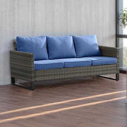 Rilyson Wicker Outdoor Couch Patio Sofa - 3 Seater Rattan Outdoor Patio Couch with Waterproof Wicker,Comfortable Cushions and Sturdy Metal Frame for Outside Porch Deck Backyard(Mixed Grey/Blue)