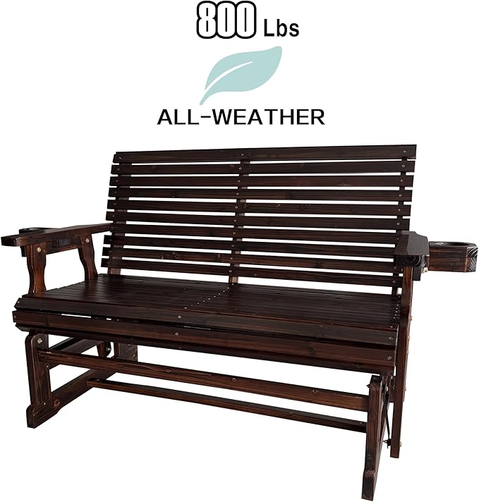 Fortune Candy Patio Glider with Cup Holders, High Roll Back and Deep Contoured Seat,Heavy Duty 800 Lb (Deep Brown, 2-Seater)