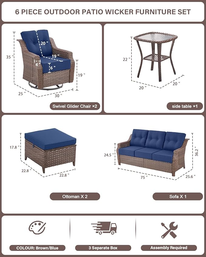Belord High Back Outdoor Patio Furniture Set - Wicker Outdoor Swivel Rocker Patio Chairs with Sofa and Ottoman - Photo 2