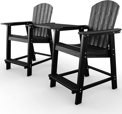 YEFU Balcony Chair, Tall Adirondack Chair Set of 2 with Connecting Tray, Poly Lumber Adirondack Chair Bar Stools, Patio Stools, 380lbs, Weather Resistant for Outdoor Deck Lawn Pool Backyard-Black