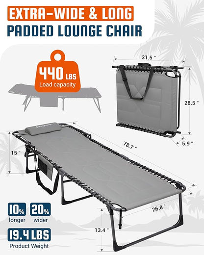 KingCamp Oversized Tanning Chair, Extra-Wide Padded Folding Chase Lounge Chairs Portable Adjustable 5-Position 440lbs Heavy Duty Lounger with Double-Layer Oxford for Outdoor Beach Patio Sun Pool Grey