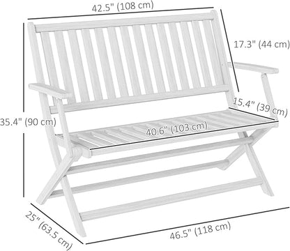 Outsunny Wood Outdoor Bench, 2-Person Foldable Patio Acacia Wood Garden Bench with Backrest and Armrests for Garden, Porch, Park, Balcony, White