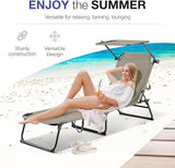 Folding Outdoor Lounge Chair Set of 2 with Adjustable Shade Canopy, Portable Sun Tanning Chairs, Gray (1, Taupe) - Photo 6