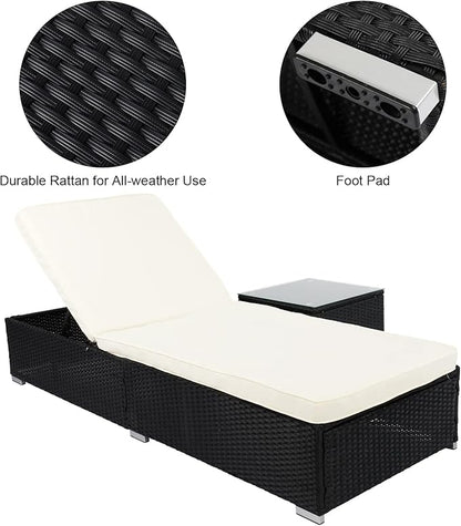 VINGLI Outdoor Chaise Lounge Chair Set with Side Table, Pool Lounge Chair with Adjustable Backrest,Waterproof Black Rattan Recliners Outside Patio Lounger Furniture