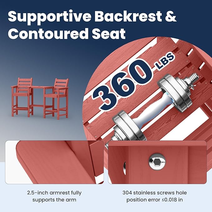 PLUUV Tall Adirondack Chairs Set of 2, All Weather HDPE Poly Bar Height Balcony Adirondack Chair with Removable Double Connecting Trays, Outdoor Adirondack Barstools for Deck, Patio, Yard, Pool, Lawn