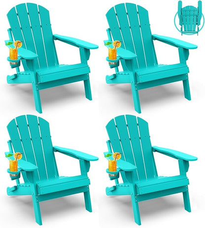GREENVINES Folding-Adirondack-Chairs-Set-of-4 | HDPE All-Weather | Firepit Chair | Cup Holder | Aqua | for Campfire Deck Backyard Patio Outdoor Poolside Lawn