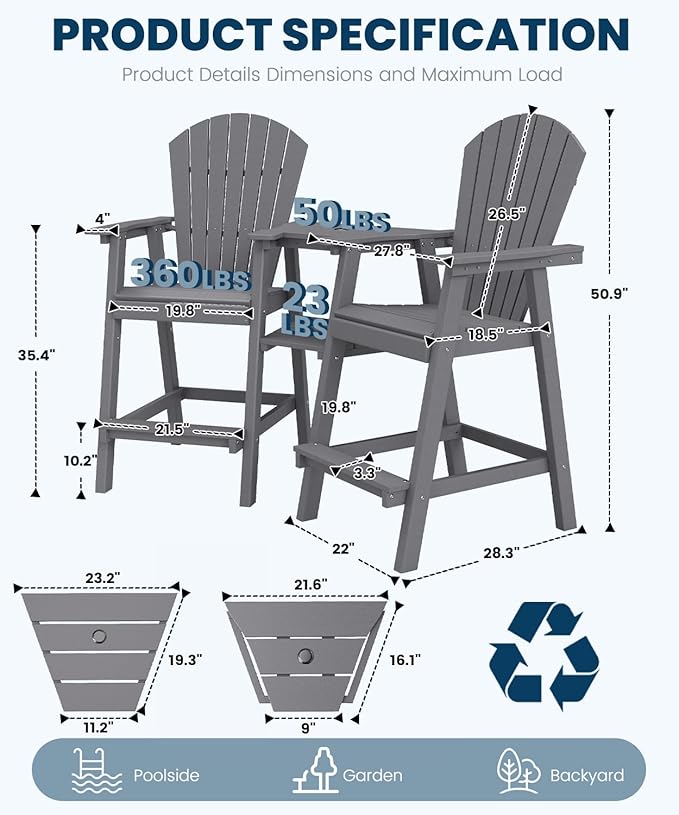FOOWIN Tall Adirondack Chair Set of 2, All Weather HDPE Bar Height Adirondack Chair with Double Connecting Trays - Photo 2