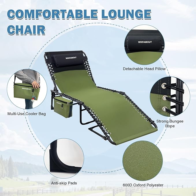 Folding Lounge Chair Outdoor with Insulated Cooler Bag Portable for Outside Patio Chaise Lounge Chair 5-Position with Pillow for Beach Sunbathing Pool Camping Lawn