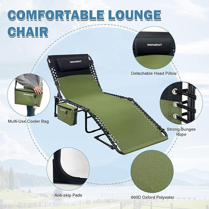 Folding Lounge Chair Outdoor with Insulated Cooler Bag Portable for Outside Patio Chaise Lounge Chair 5-Position with Pillow for Beach Sunbathing Pool Camping Lawn