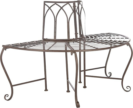 SAFAVIEH Outdoor Furniture Collection – Abia Rustic Brown Wrought Iron 50-Inch Curved Tree Bench, Garden & Patio Seating (PAT5018B)
